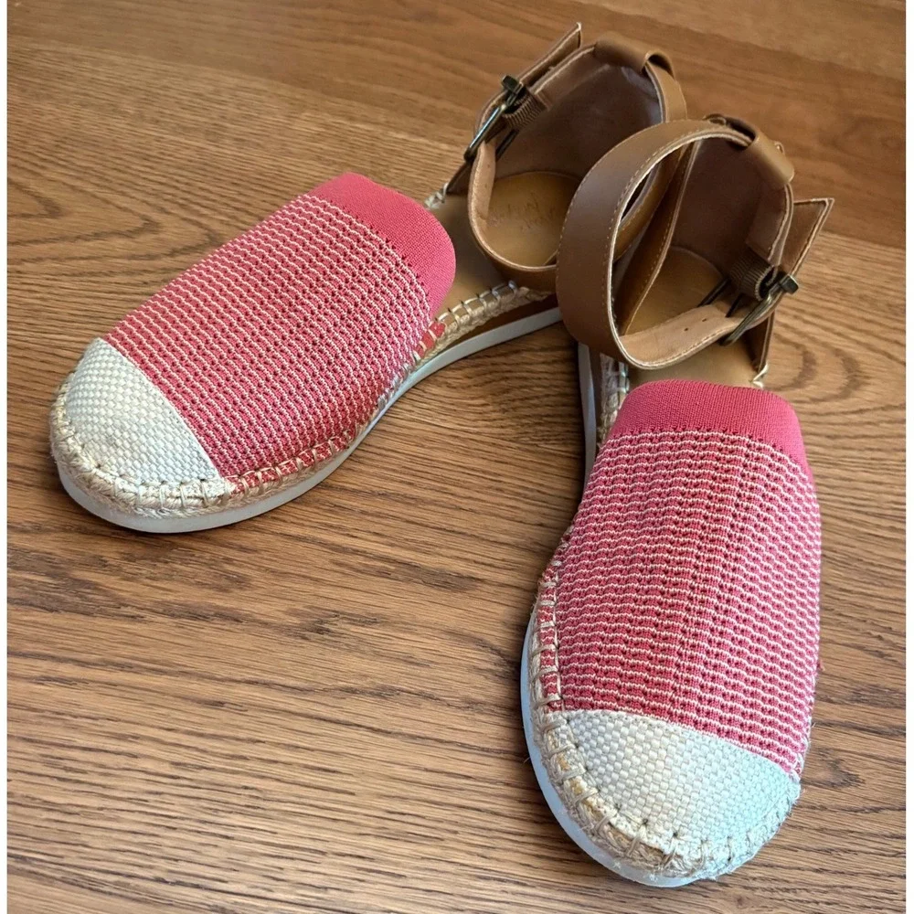 Crown Vintage Espadrille Flats Womens 9M Pink Tan Good Woven Ankle Strap Casual
